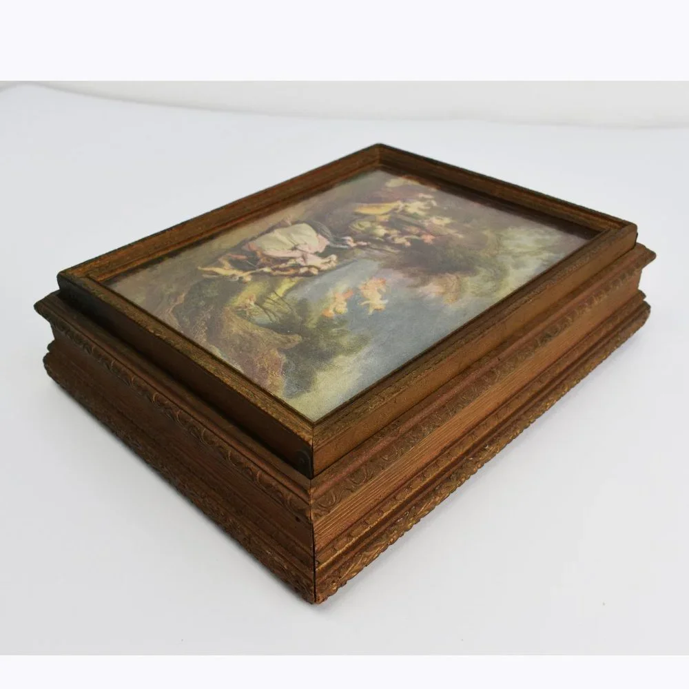 Rare antique wooden box with decorative lid, collectible painting storage box